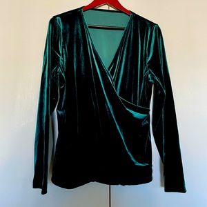 Emerald green stretch velvet, faux wrap top.